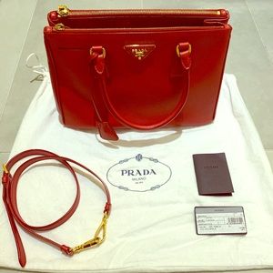 Authentic Prada Saffiano Lux Small Tote in fuoco red